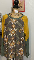 MUSTARD AND OLIVE AZTEC COLOR BLOCK TOP
