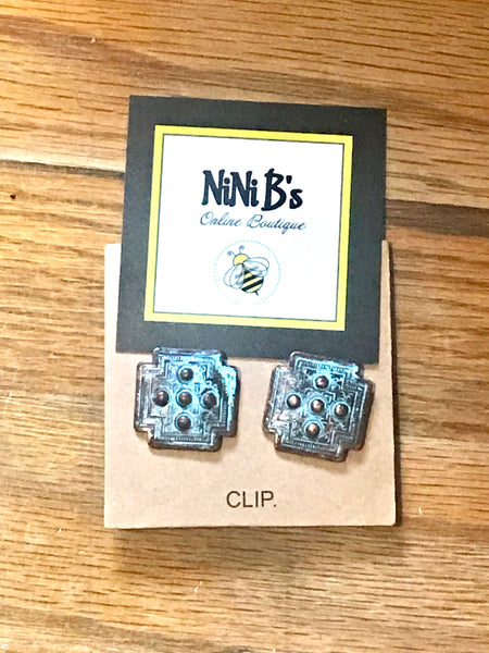 CLIP ON PATINA WESTERN SQUARE EARRINGS