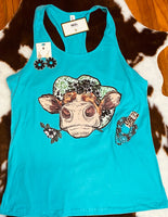 DAISY THE COW TURQUOISE RACER BACK TANK TOP