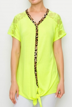 NEON YELLOW LEOPARD AND LACE TIE TOP