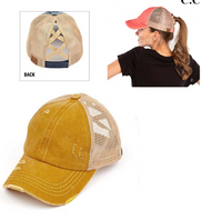 DISTRESSED MUSTARD CRISS CROSS PONY HAT