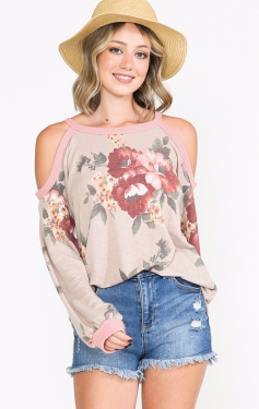 TAUPE FLORAL COLD SHOULDER TOP WITH MAUVE TRIM