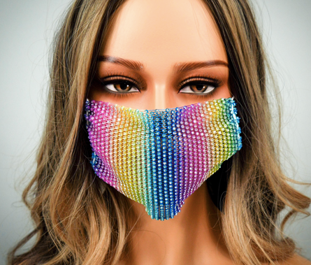 RAINBOW RHINESTONE WITH ADJUSTABLE STRAPS ADULT MASK COVER