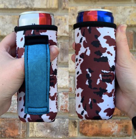 COWHIDE WITH TURQUOISE LEATHER SLIM CAN LIT HANDLER KOOZIE