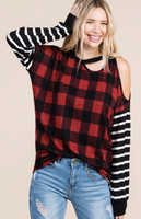 BUFFALO PLAID AND STRIPE CUT OUT COLD SHOULDER TOP
