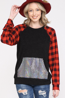 BLACK TOP WITH BUFFALO PLAID SLEEVE AND SEQUIN POCKET