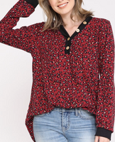 RED MICRO LEOPARD BUTTON V NECK TOP