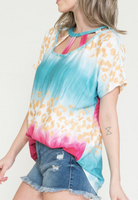 PINK AND TURQUOISE CHEETAH TOP WITH CAGE NECK TOP