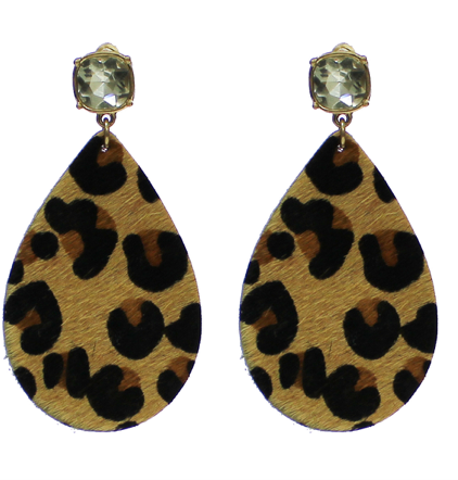 LEATHER COWHIDE LEOPARD WITH GLASS STONE POST EARRINGS
