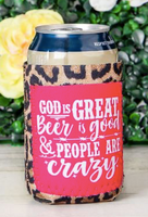 LEOPARD REGULAR CAN COOLER GOD IS GREAT BEER IS GOOD PEOPLE ARE CRAZY