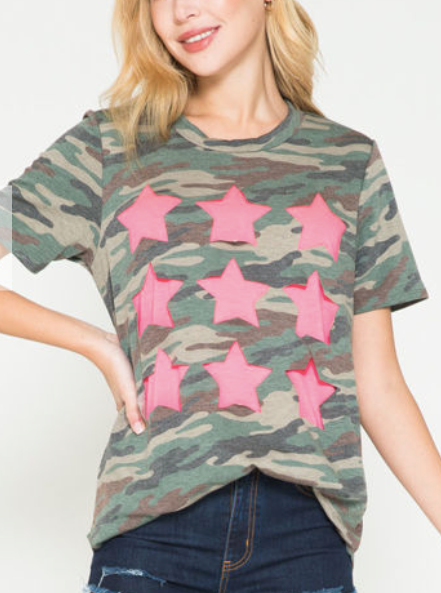 CAMO TOP WITH PEEK-A-BOO HOT PINK STARS