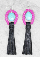 BLACK LEATHER TASSEL AND MAGENTA WITH TURQUOISE EARRINGS