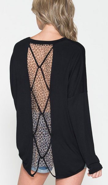 BLACK LONG SLEEVE TOP WITH SHEER LEOPARD BACK