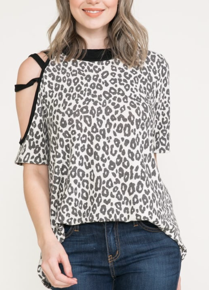 BEIGE AND CHARCOAL CHEETAH COLD SHOULDER TOP