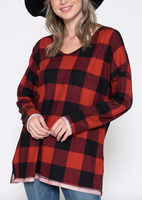 BUFFALO PLAID V NECK TOP WITH DISTRESSED BOTTOM