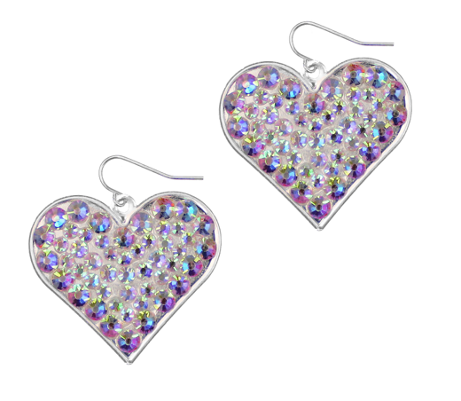 SILVER METAL HEART EARRINGS WITH AB STONES