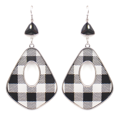 BLACK AND WHITE BUFF PLAID CUT OUT EARRINGS WITH BLACK BEAD