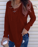 WINE RED TIE V-NECK LONG SLEEVE TOP