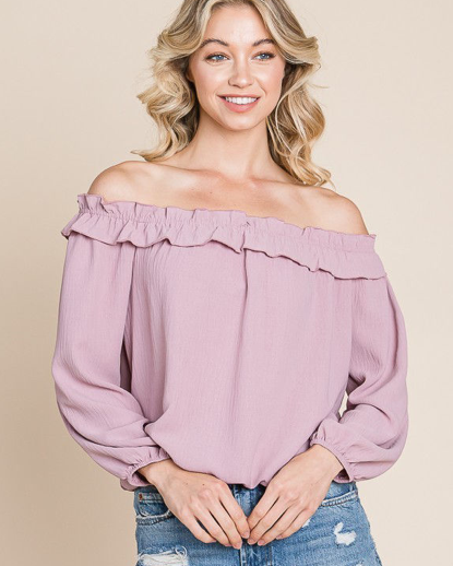 ROSE WOOD OFF THE SHOULDER TOP WITH RUFFLE TRIM