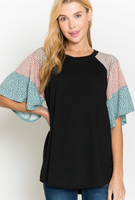 BLACK WITH COLOR BLOCK PAISLEY FLOWY SLEEVE TOP