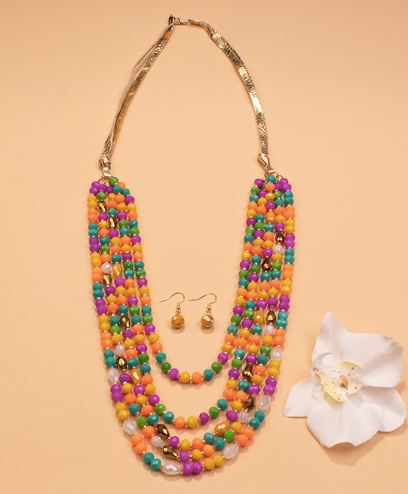 NEON BEAD LAYERED NECKLACE WITH METALLIC GOLD STRAP