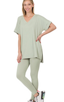 LT OLIVE BUTTER SOFT OVERSIZED T SHIRT AND LEGGINGS LOUNGE SET