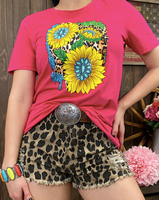 HOT PINK TOP WITH SUNFLOWER, TURQUOISE AND LEO DESIGN