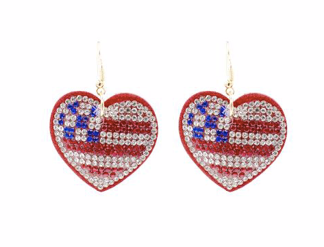 PUFFY HEART RHINESTONE FLAG EARRINGS