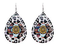 COW PRINT AND AZTEC METAL TEARDROP EARRINGS WITH AB STONES