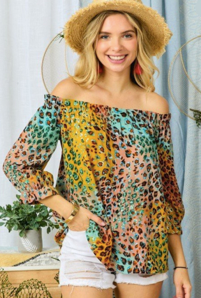 MULTI COLOR CHEETAH PATTERN OFF THE SHOULDER TOP