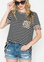 BLACK AND WHITE STRIPE TOP WITH LEO TRIM AND POCKET