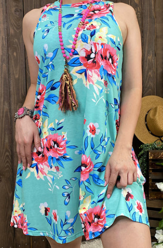 MINT FLORAL SLEEVELESS DRESS WITH POCKETS
