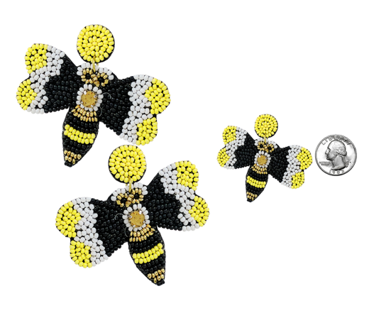 BLACK WHITE AND YELLOW SEED BEAD BEE POST EARRINGS