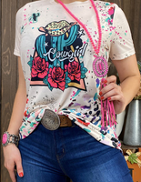 MULTI SPLATTER LEO SHIRT WITH COWGIRL DESIGN