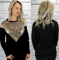 BLACK AND LEO LONG SLEEVE TOP WITH ROSE GOLD SEQUIN DETAIL