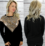 BLACK AND LEO LONG SLEEVE TOP WITH ROSE GOLD SEQUIN DETAIL