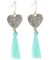 RHINESTONE HEART FISH HOOK BACK EARRINGS WITH TURQUOISE TASSELS