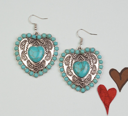 SILVER WITH TURQUOISE STONE AZTEC IMPRINT HEART EARRINGS