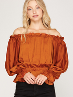 RUST OFF THE SHOULDER SHINY RUFFLE TOP
