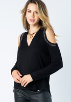 BLACK COLD SHOULDER LONG SLEEVE TOP WITH STONES