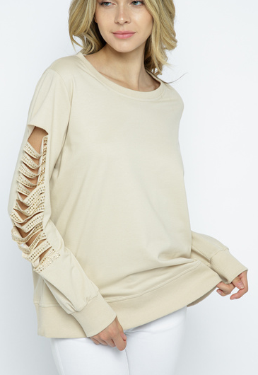 NATURAL SWEATSHIRT WITH LASER CUT OUT AND STONES