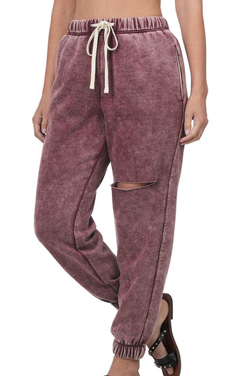 EGGPLANT ACID WASH DISTRESSED JOGGERS