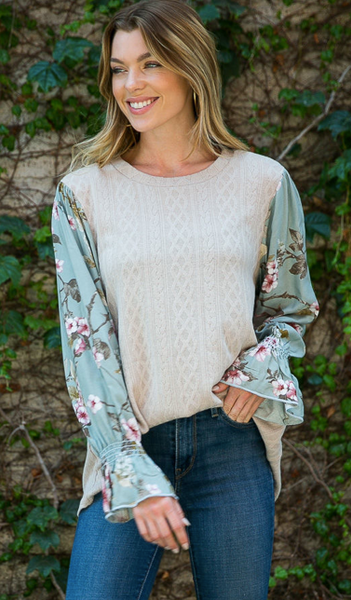 TAN WOVEN TOP WITH SAGE FLORAL SLEEVES