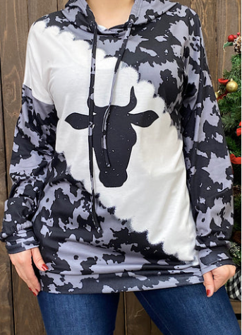 GREY BLACK AND WHITE PRINTED HOODIE WITH COW HEAD