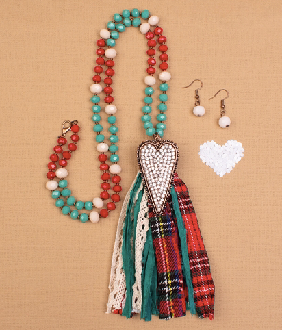 RED GREEN AND WHITE BEADED NECKLACE WITH RHINESTONE HEART AND TASSELS