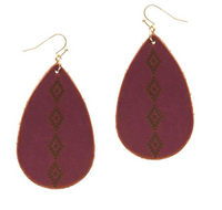 BURGUNDY LEATHER TEARDROP EARRINGS WITH AZTEC TEXTURE