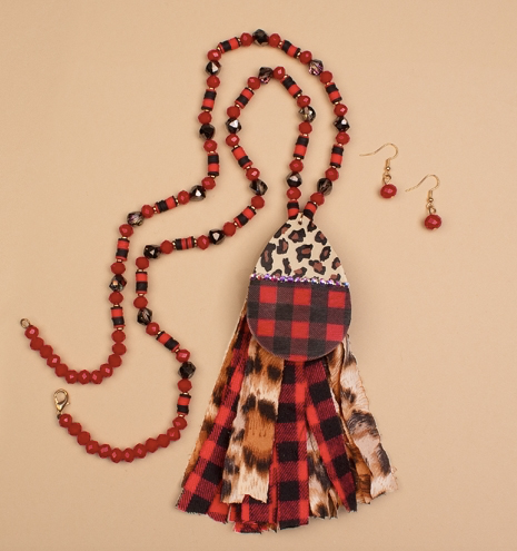 RED BUFFALO PLAID TASSEL AND TEARDROP WITH LEO NECKLACE