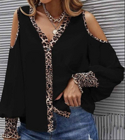 BLACK COLD SHOULDER TOP WITH LEOPARD TRIM