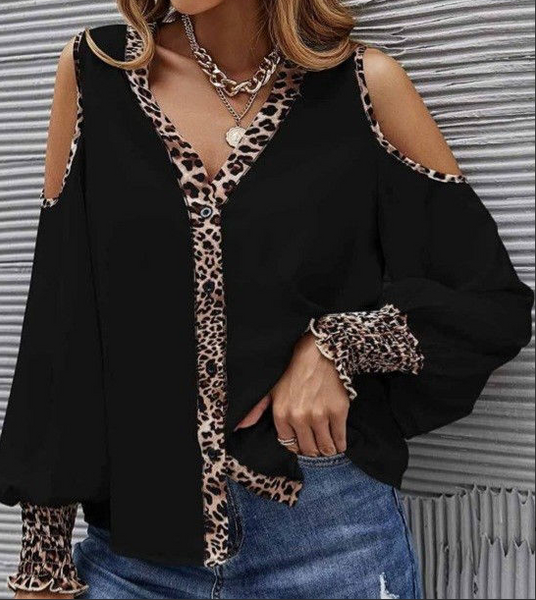 BLACK COLD SHOULDER TOP WITH LEOPARD TRIM