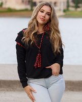 BLACK LONG SLEEVE BUFFALO PLAID CUT SLEEVE TOP